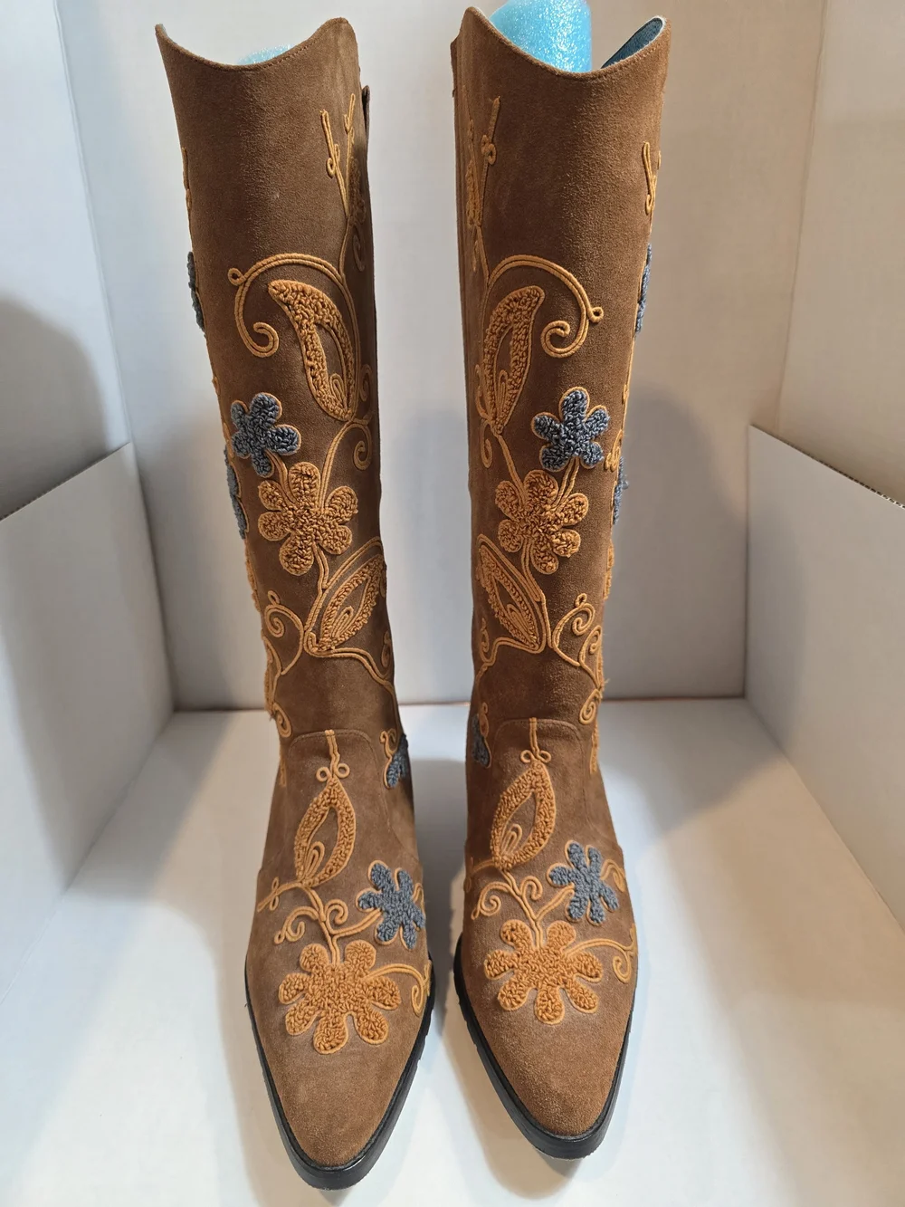 Embroidered Brown Suede Knee-High Boots